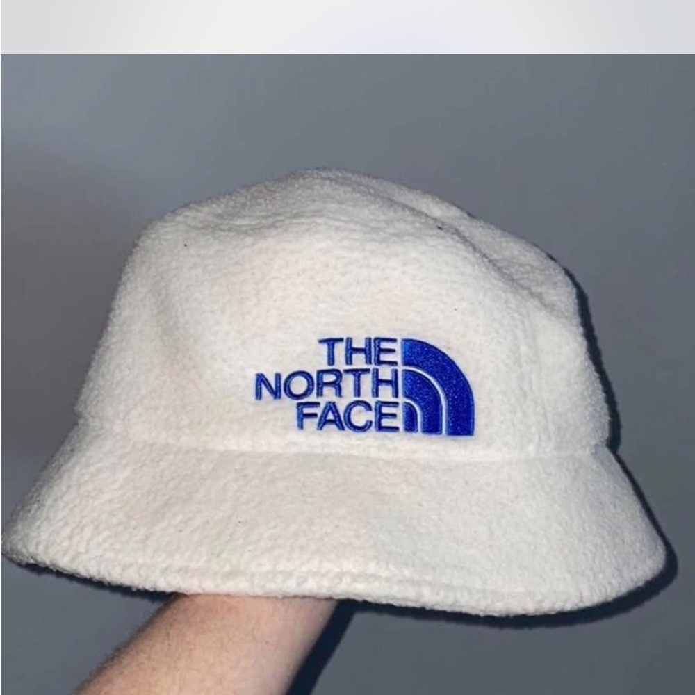 The North Face Cream Bucket Hat with Blue Logo